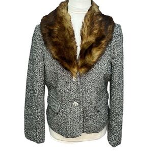 Black Rivet Faux Fur Collar Tweed Jacket